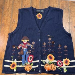 Vintage Fall Thanksgiving Halloween sweater vest 3X XXXL pumpkin scarecrow